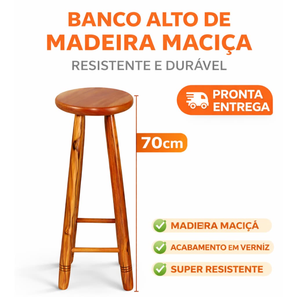 Banqueta Alta Madeira Maciça Com Verniz 70cm Banco Alto Cozinha Bar Balcão Ilha Resistente Reforçado