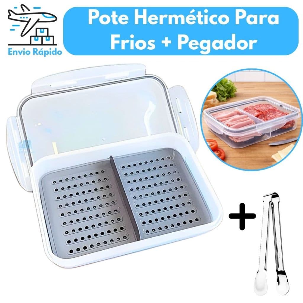 Pote Hermético Porta Frios Com Escorredor Tampa Trava 2 Divisórias Retangular Com Pegador de Frios Inox