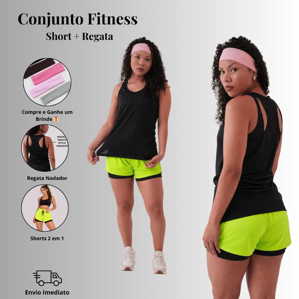 Conjunto Fitness Feminino Regata Nadador e Shorts de Compressão Roupa Academia Treino Tecido Dryfit