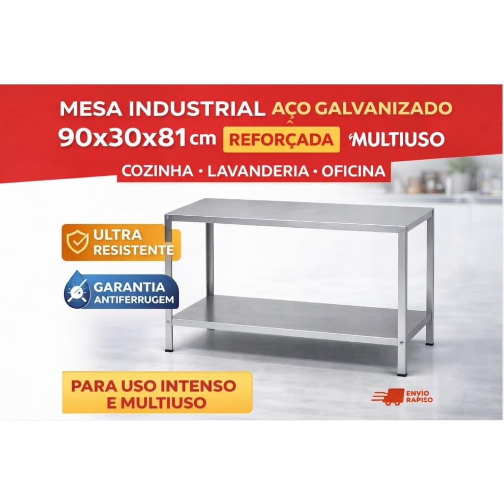 Mesa Industrial Aço Galvanizado 90x30x81 Reforçada Não Enferruja Multiuso Cozinha Lavanderia Oficina