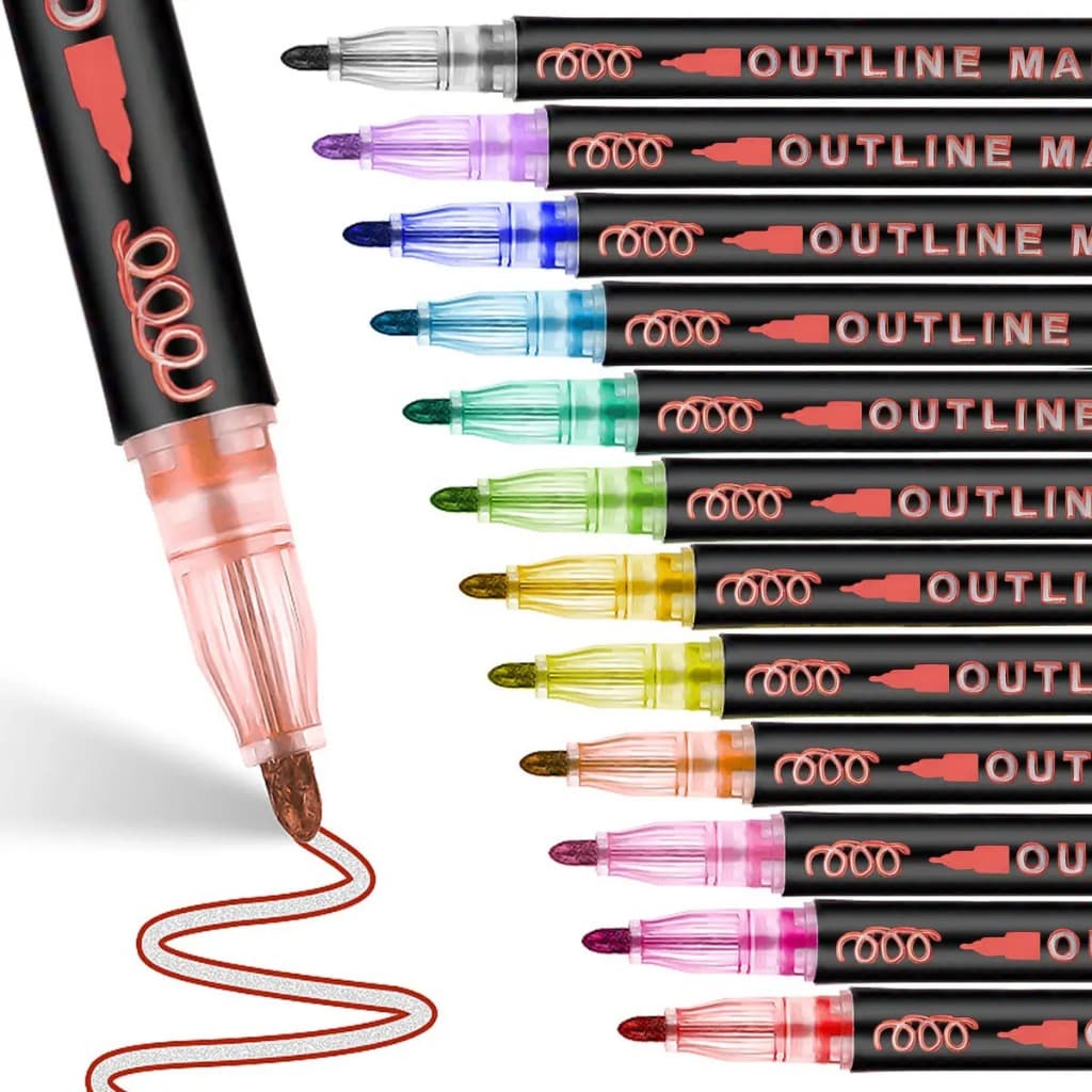Kit 12 Caneta Outline Marker Metálica Linha Dupla Arte Caneta Contorno Scrapbook