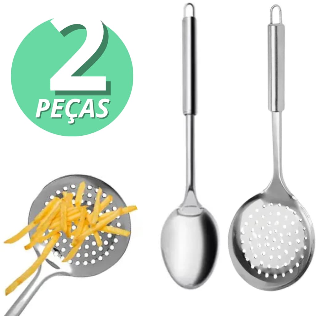 Kit Utensilios 2 Peças de Cozinha em Inox 100% Escumadeira e Colher Grande
