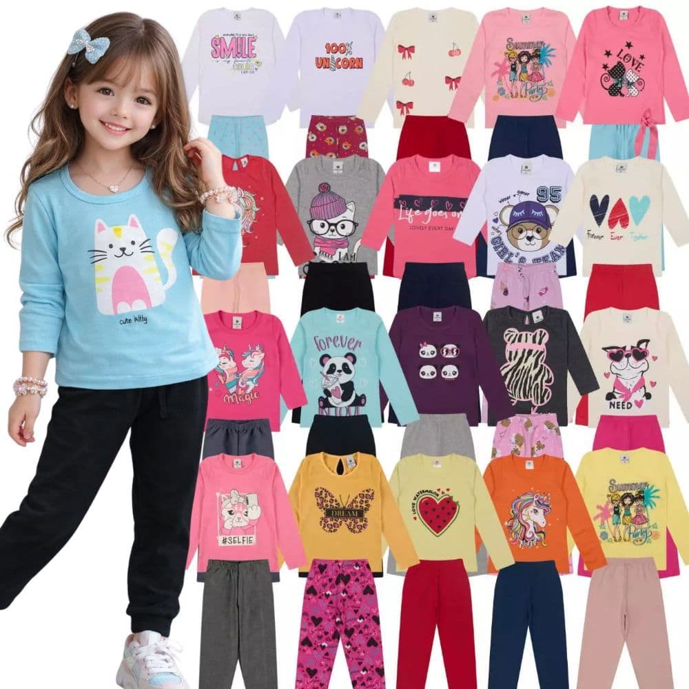 Kit 8 Peças Conjunto Meia Estação Menina do Tamanho 1 a 10 Anos | Blusa + Calça Legging Infantil - Envio Sortido