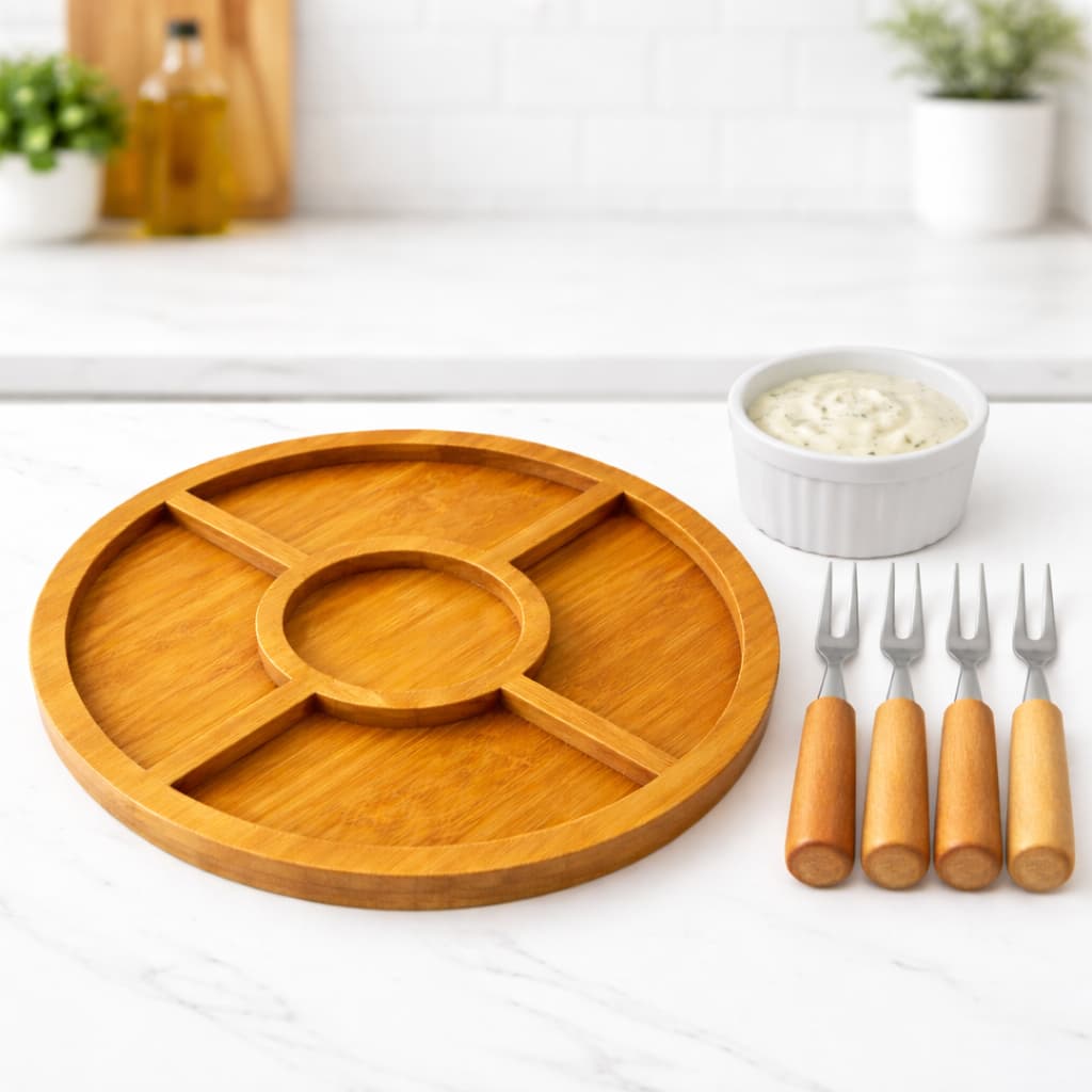 Kit Petisqueira de Mdf Redonda com Molheira Ramekin e Garfinhos para Petiscos Frios e Queijo