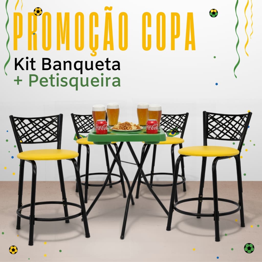 Kit Banquetas Cozinha Bar Balcao Baixo + Mesa Petisqueira Hexa Verde e Amarelo Jogos Brasil Copa