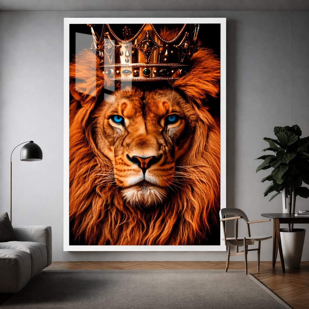 Quadro decorativo 1 peça Tema Leão Coroa - 40x60 - COM MOLDURA E ACRÍLICO - Arte disponível em diver