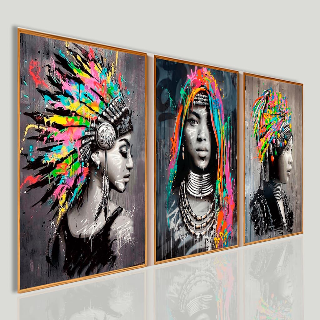 Quadro Decorativo Arte Urbana Colorida Étnica Kit 3 Peças – Estilo Grafite Índio Moderno para Sala