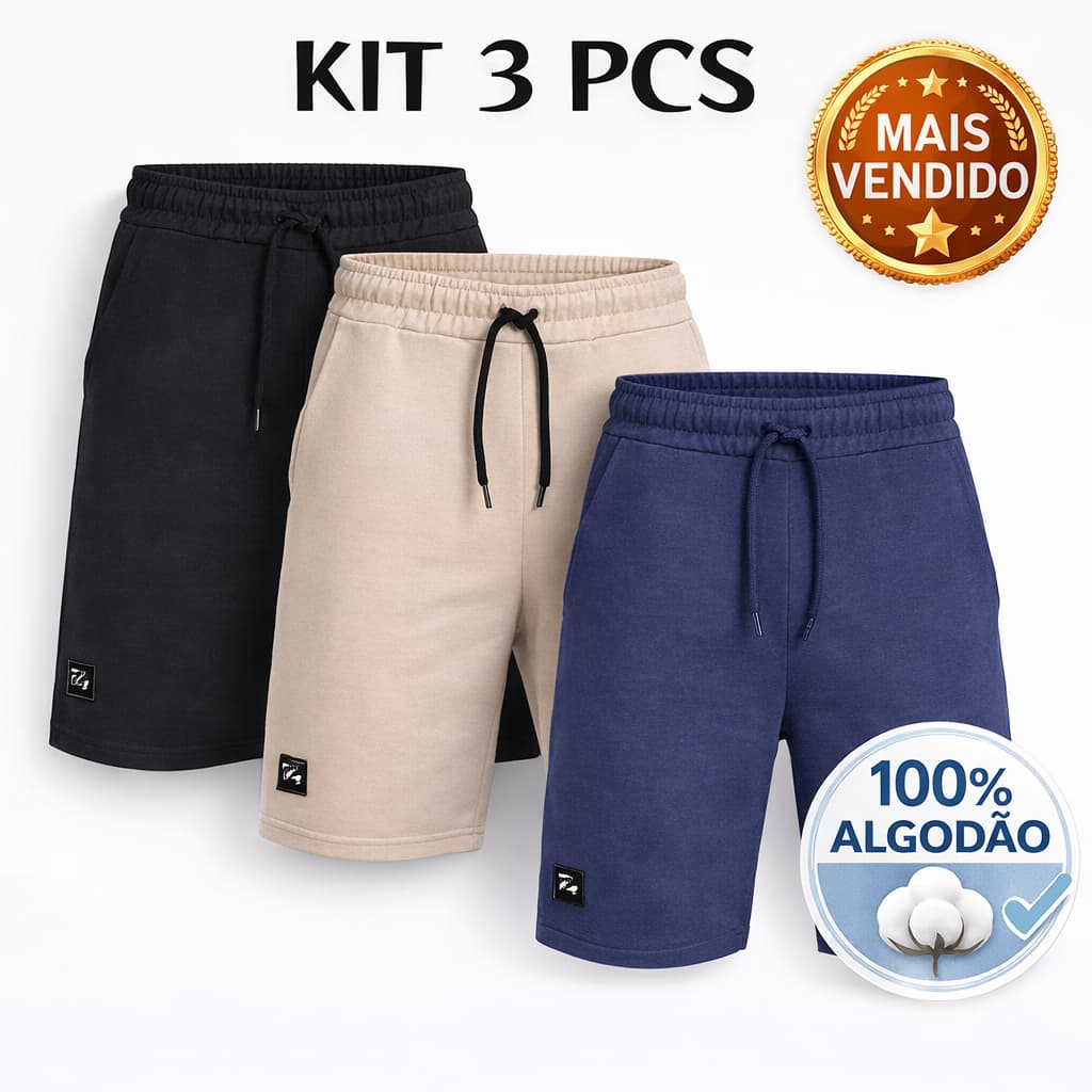 Kit 3 Bermudas Moletom Masculina Academia Casual Algodão Confortável Premium