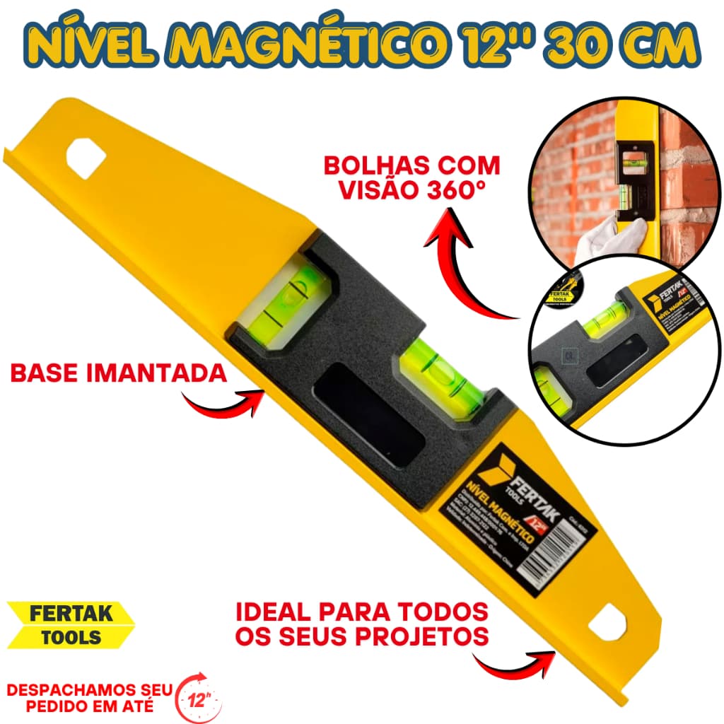 Nível de Alumínio Com Base Magnética Fertak 12" 30cm Com 2 Bolhas- Nivel Magnético Profissional
