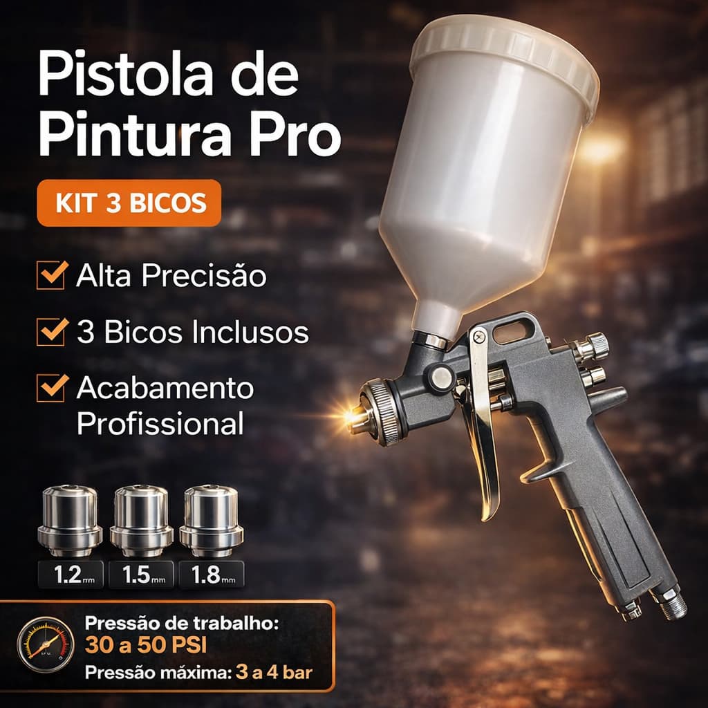 Pistola de Pintura 600ml Hvlp Profissional Gravidade 3 Bicos 1.2 1.5 1.8mm Alta Precisão Automotiva