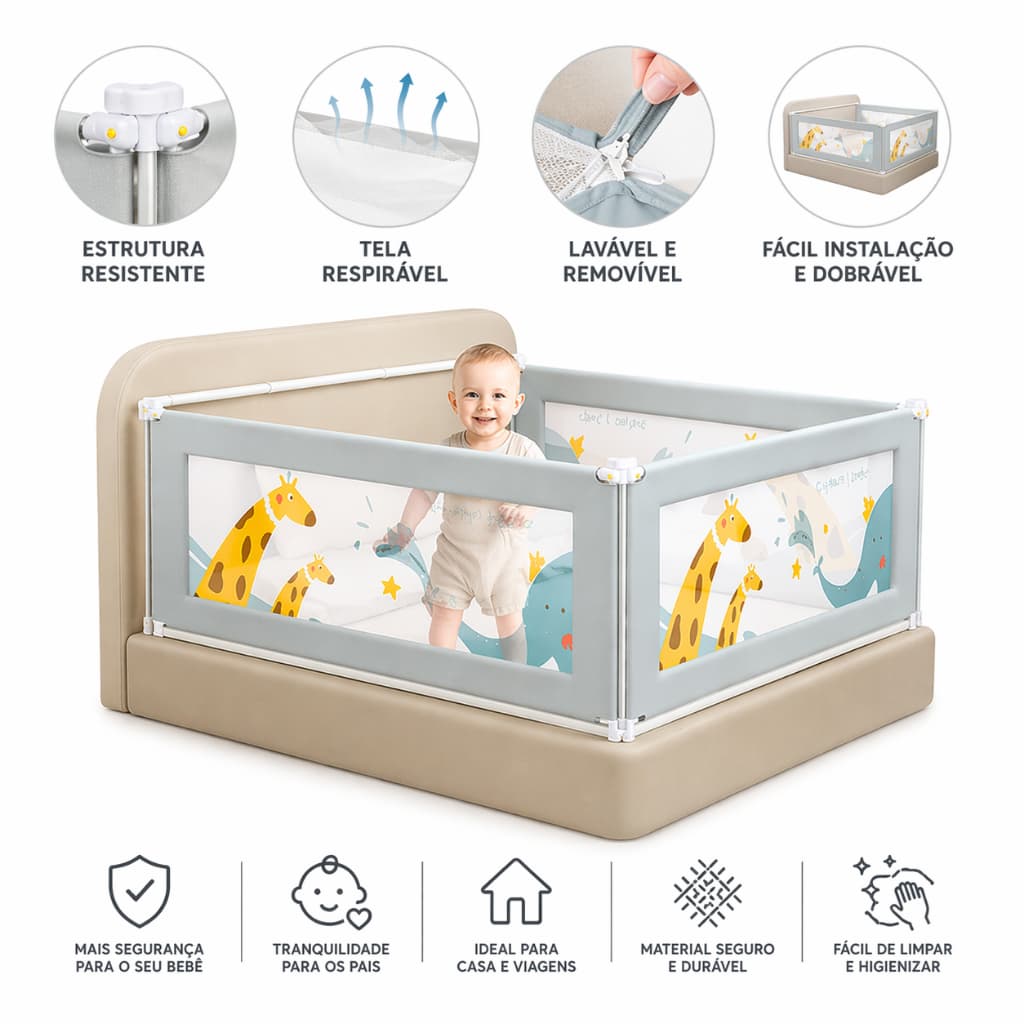 Grade de Proteção para Cama Desmontável Lavável Ajustável Segurança Infantil 1,8m e 2m