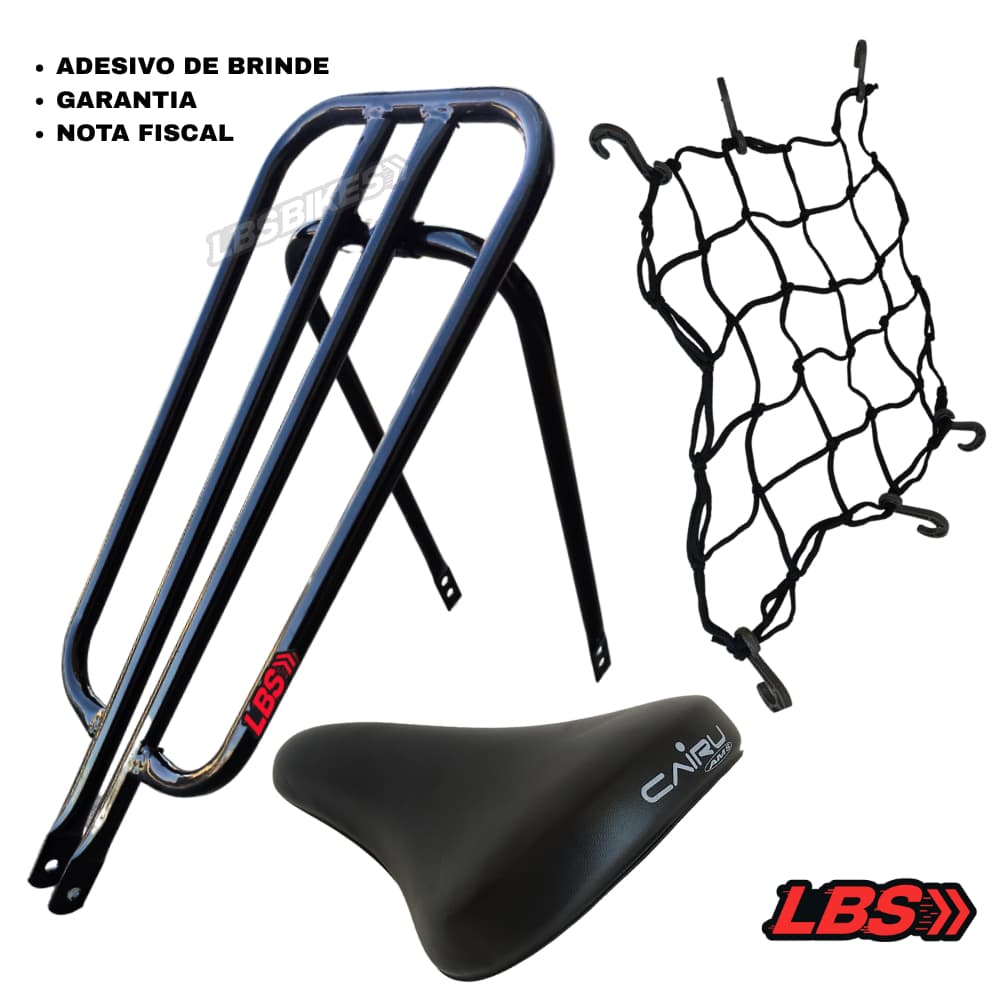 Garupa Reta BH LBS Bagageiro + Banco Cairo AMS+ Redinha Elastica 35x35 preta