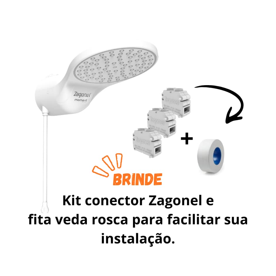 Ducha MOMENT branca 7500w 220v Zagonel + BRINDE: kit conector e fita veda rosca