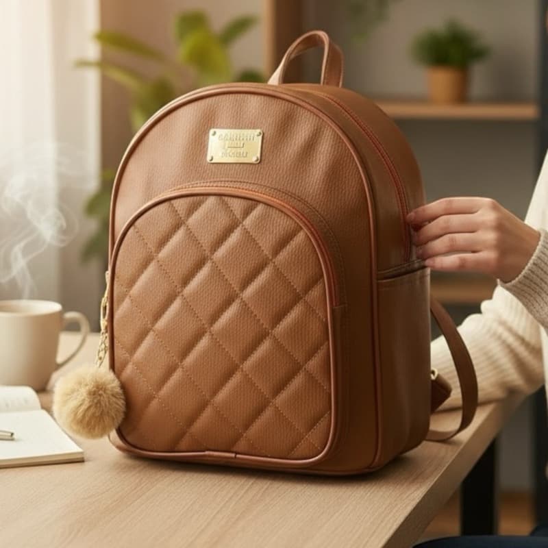 Mochila Feminina Bolsa Couro De CostaEscolar Trabalho Com Lindo Detalhe Pompom