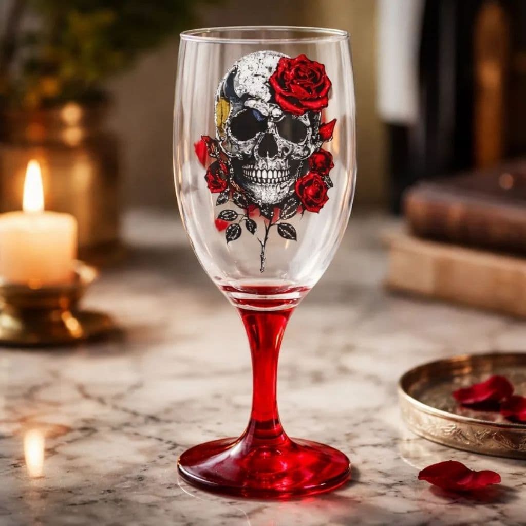 Taça Caveira e Rosas Vermelhas Pé Vermelho Pombagira Exu Oferenda Altar Umbanda
