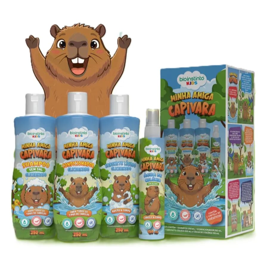 Kit Banho Infantil Criança bebe - Minha Amiga Capivara - Shampoo Condicionador Sabonete Liquido - Não arde o olho