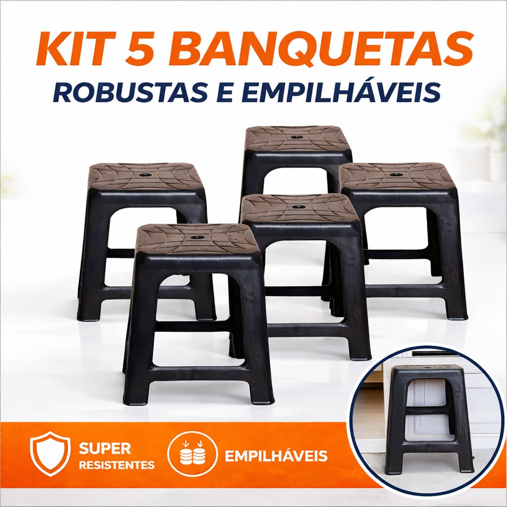 BANCO PLÁSTICO PRETO MULTIUSO BANQUETA RESISTENTE PARA CASA COZINHA E COMÉRCIO