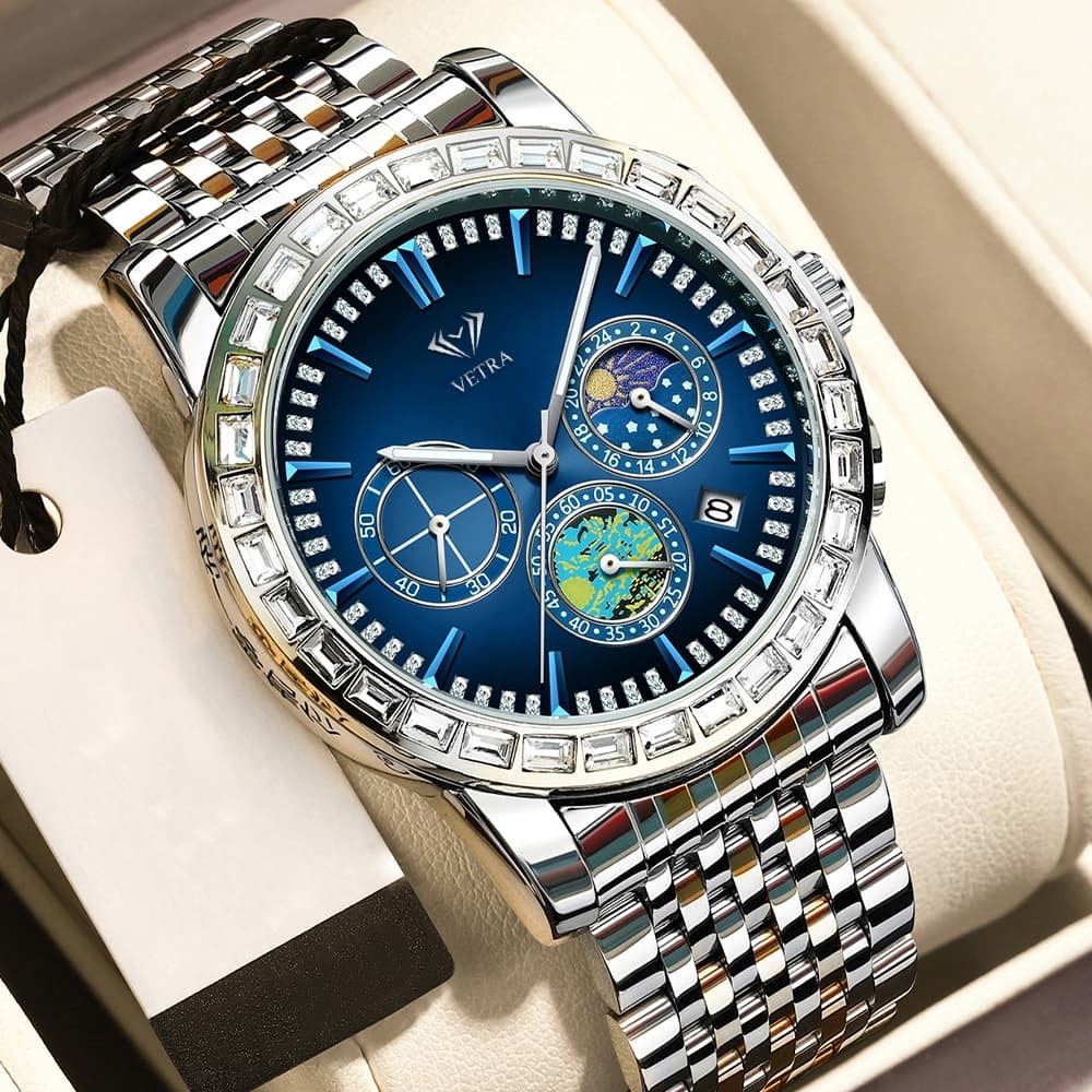 VETRA Relógio Masculino Original Cronógrafo Multifuncional a Prova d Água Presente para Homem Aço Inoxidável Azul B8632