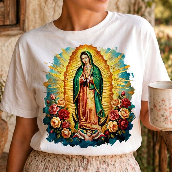 Blusa camiseta VIRGEM DE GUADALUPE TINTA DOURADA, blusinha t-shirt santa Maria católica cristã plus size