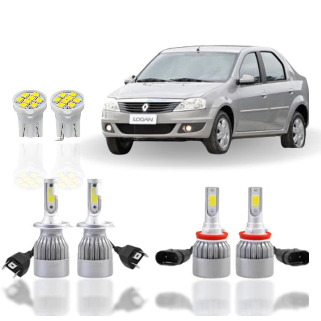 Kit Lâmpada led ( Farol Alto Baixo Milha Farolete ) Renault Logan 2007 2008 2009 2010 2011 2012 2013 H4 H11 T10 PINGO