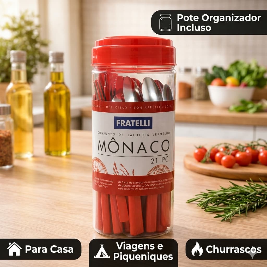 Faqueiro Talheres Inox 21 Peças Cabo Vermelho Pote Organizador Resistente Original
