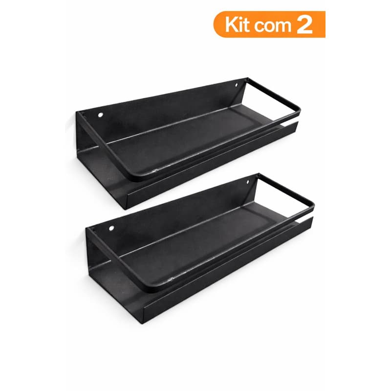 Kit 2 Nichos Porta Temperos Preto Metalon Parede Cozinha Banheiro 30cm Moderno Fácil Instalação