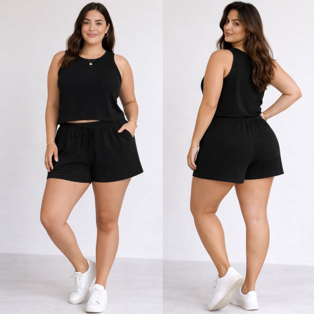 Conjunto Feminino Shorts e Regata em Ribaninha Básico Casual Moda Verão Dia a Dia