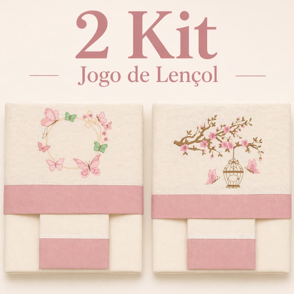Kit 2 Jogo Lençol Berço Americano Luxo Linho 3PÇS  100% Algodão Flores Borboleta Jardim Encantado