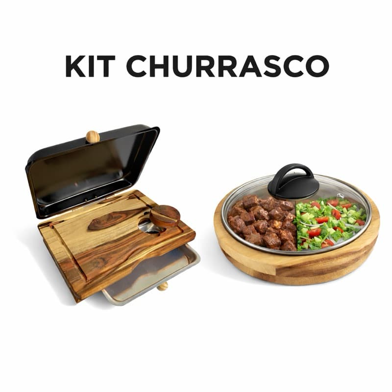 Kit Churrasco Tábua Bandeja Dupla + Gamela M Tampa de Vidro Churrascos Porções Bares Restaurantes Mesa Posta