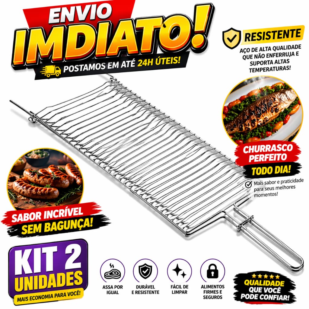 Grelha Assadeira de Peixe Carne Linguiça Legumes Grelha Abaluada 70x20 Tamanho