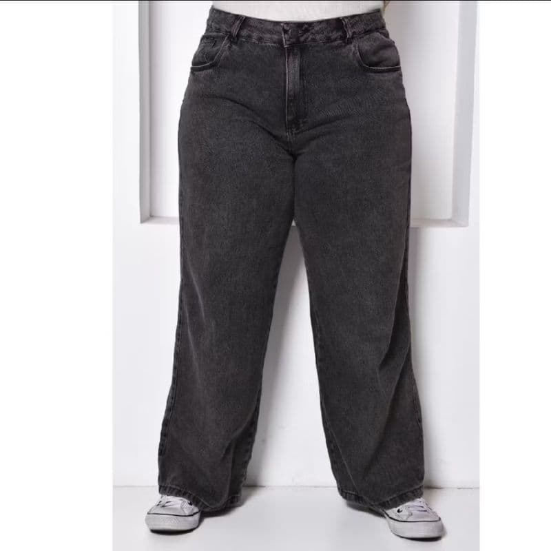 Calça wide leg  jeans marmorizada grafite plus size feminina
