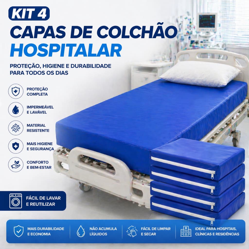 KIT 4 Capas para Colchão Hospitalar Impermeável Napa Azul 1,88x0,88x13 com Zíper Resistente