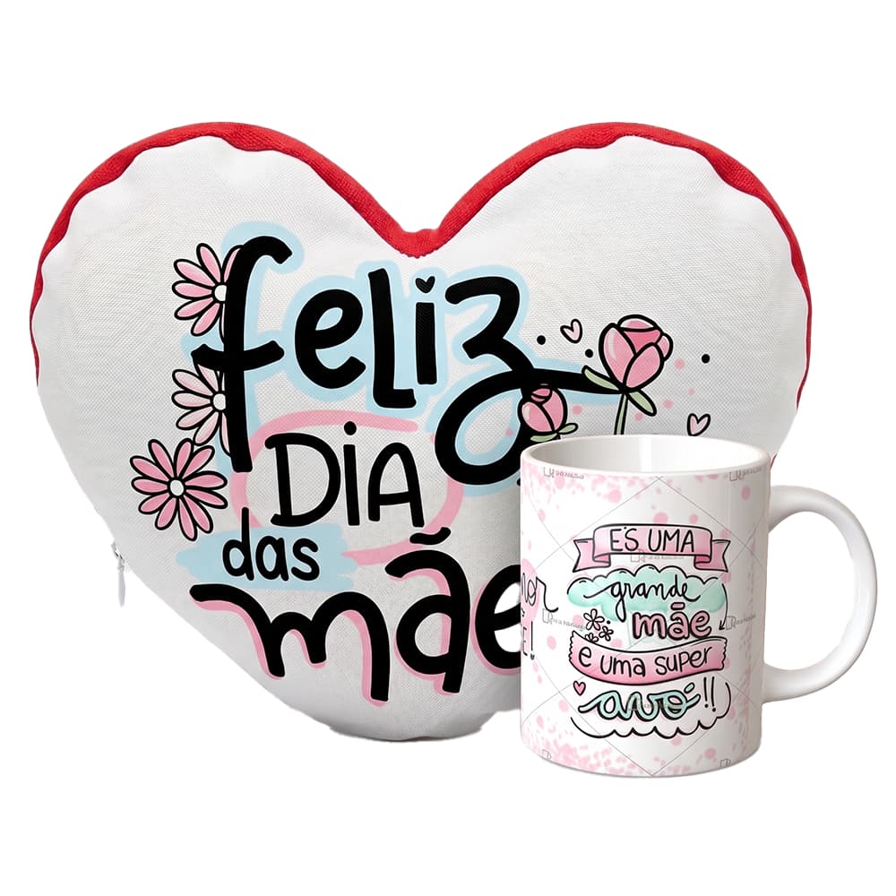 Kit Amor Personalizado Almofada Coração + Caneca ou Azulejo com Foto Presente Dia das mães