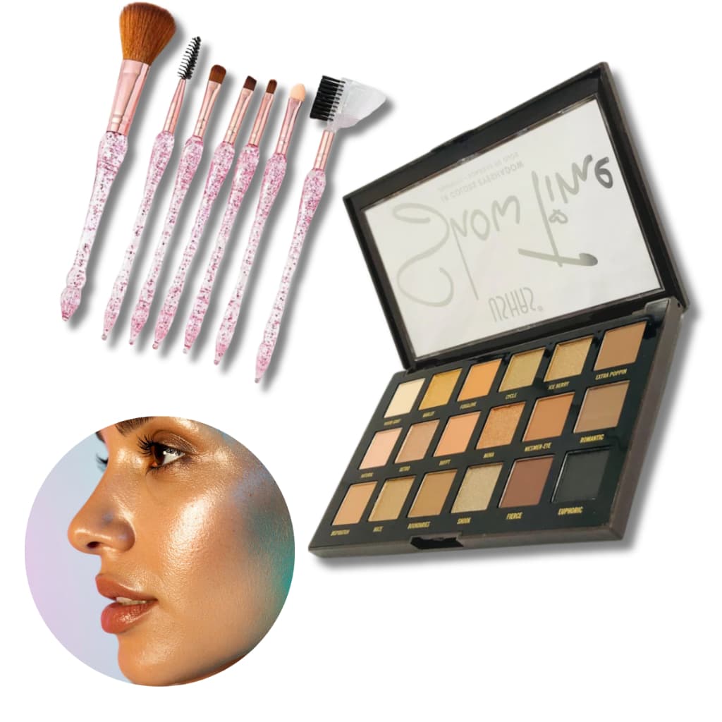 Kit 18cor Paleta de sombras New Nude/ Cores Nude de alta pigmentação + 7 Pinceis Profissionais Glitter Original
