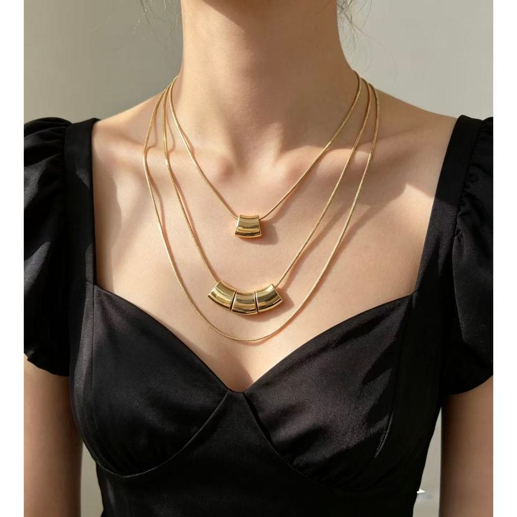 Colar Triplo Geométrico Feminino, Aço Inoxidável Não Desbota, Estilo Luxuoso Nicho