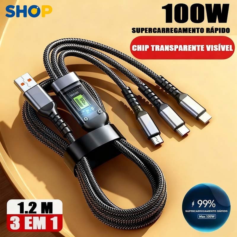 Cabo de Dados Celular 3 em 1 Carregamento Ultra Rápido 100W Resistente IOS V8 Tipo C 1.2 Metros A1