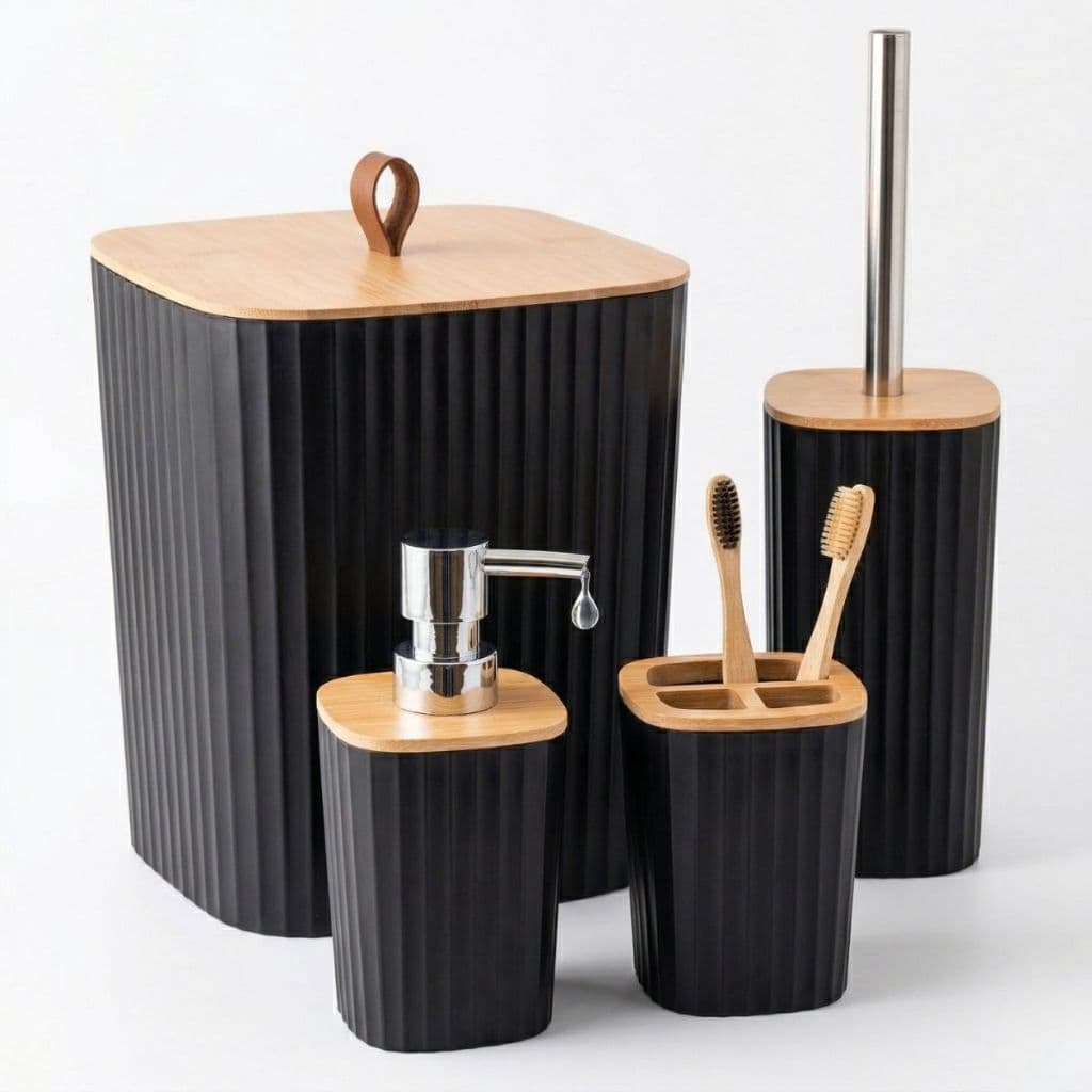 Kit Banheiro Lavabo 4 Peças Preto Fosco e Bambu Organizador Luxo Porta Sabonete Escova