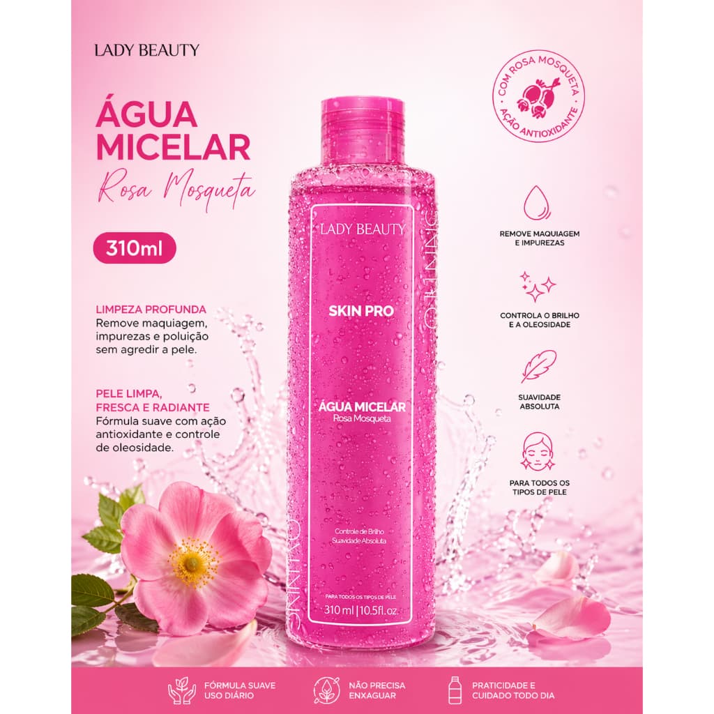 Agua Micelar Rosa Mosqueta Hidratação Profunda Demaquilante de Maquiagem 310ml - Lady Beauty