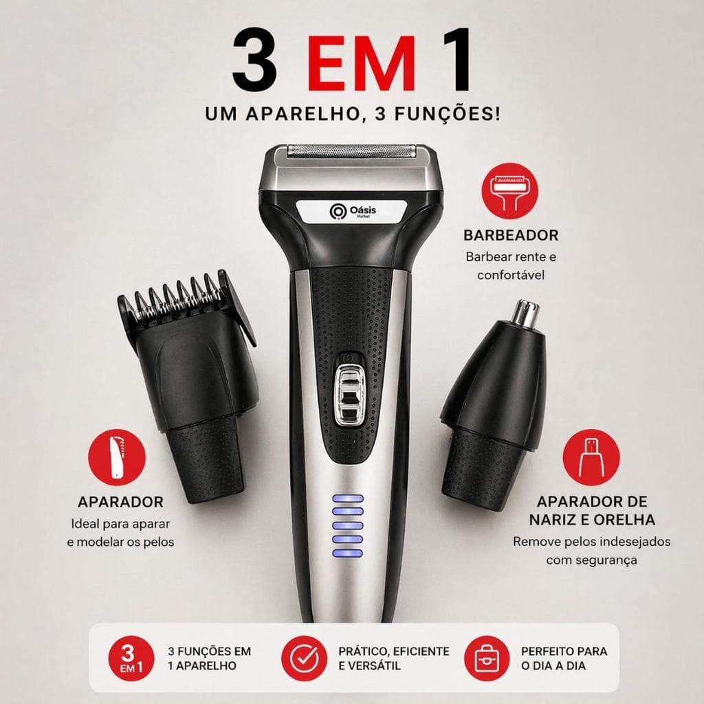 Barbeador Elétrico Profissional  3 em 1 Shaver e Aparador Recarregável Bivolt - Oásis