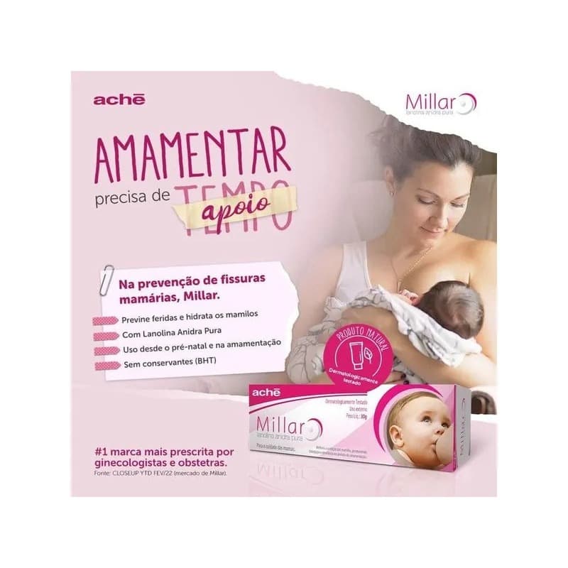 Pomada Hidratante para os Seios Millar Lanolina Anidra Pura 30g | Hidratação Intensa | Uso Mamilar