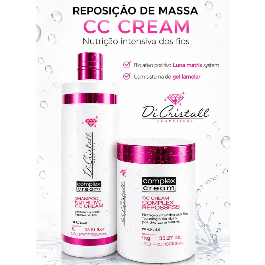 Kit Reposição de Massa Capilar CC Cream Di Cristall 1kg Shampoo Nutrição Reconstrução