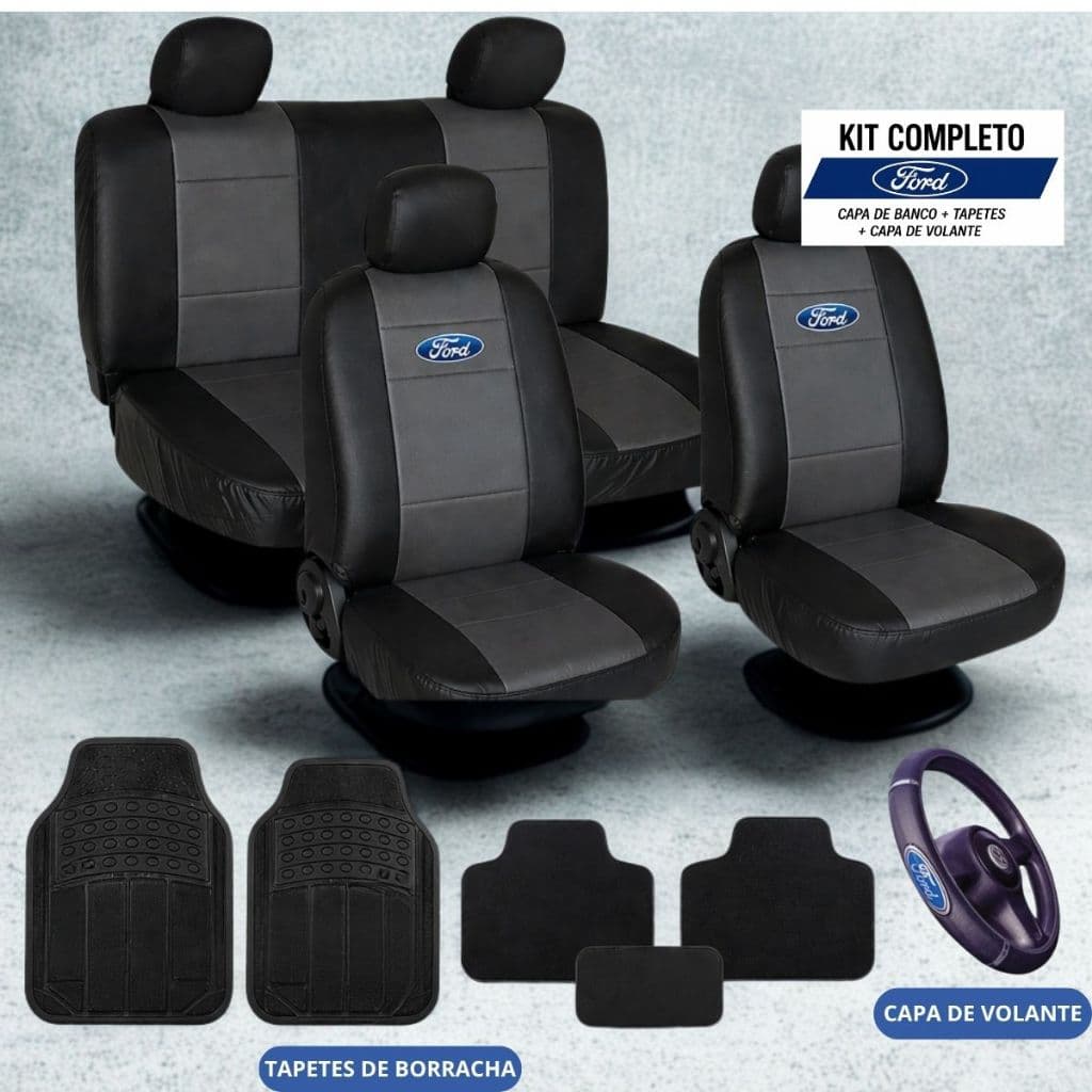 Kit Ford Universal Capa de Banco Tapetes de Borracha 5 Peças Capa de Volante Premium