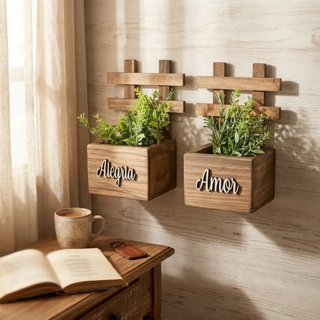 Kit 2 Vasinhos De Parede Madeira Pinus C/ Plantas Articial