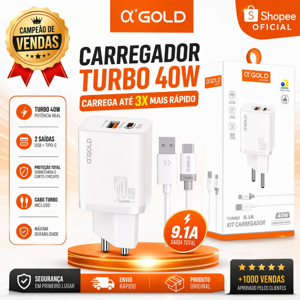 Kit Carregador Power Turbo PD+QC 4.0 40w 9.1A Original a'Gold + Cabo Turbo USB-A para Tipo-C
