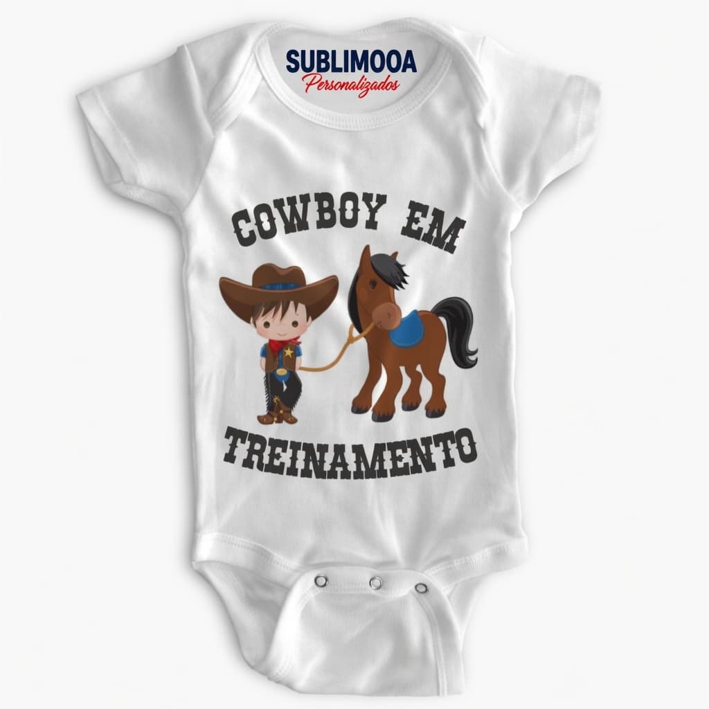 Body Bebê Personalizado - Cowboy em Treinamento - Poliéster + Elastano - Estica!