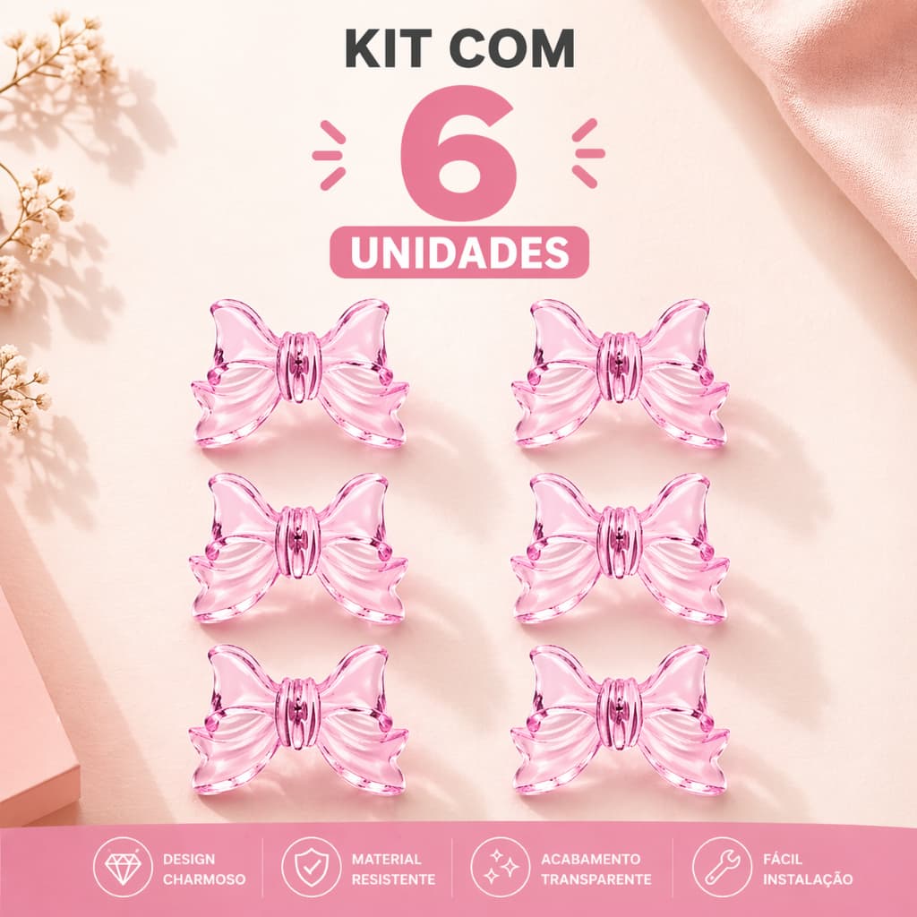 Kit 6 Puxadores Laço Rosa  Cristal Infantil para Penteadeiras Camarim  Cômoda  Guarda-Roupa