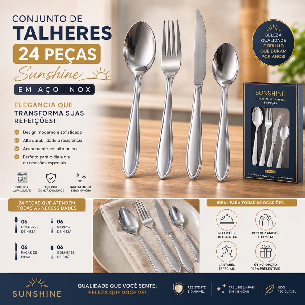 Conjunto de Talheres 24 Peças Sunshine - Inox Duravel original cozinha