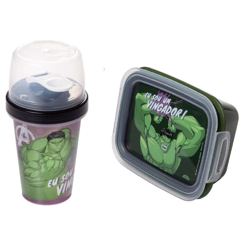 Kit Marmita Hulk + Garrafa Mini Shaikeira Hulk Lanche Escolar Infantil Plasútil