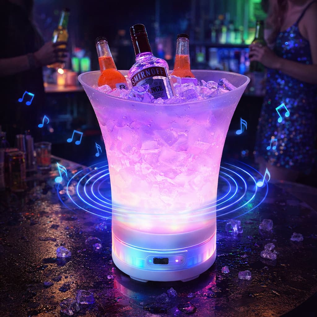 Balde de Gelo LED com Caixa de Som Bluetooth RGB Cooler Iluminado Porta Bebidas Festa Bar 6,5L