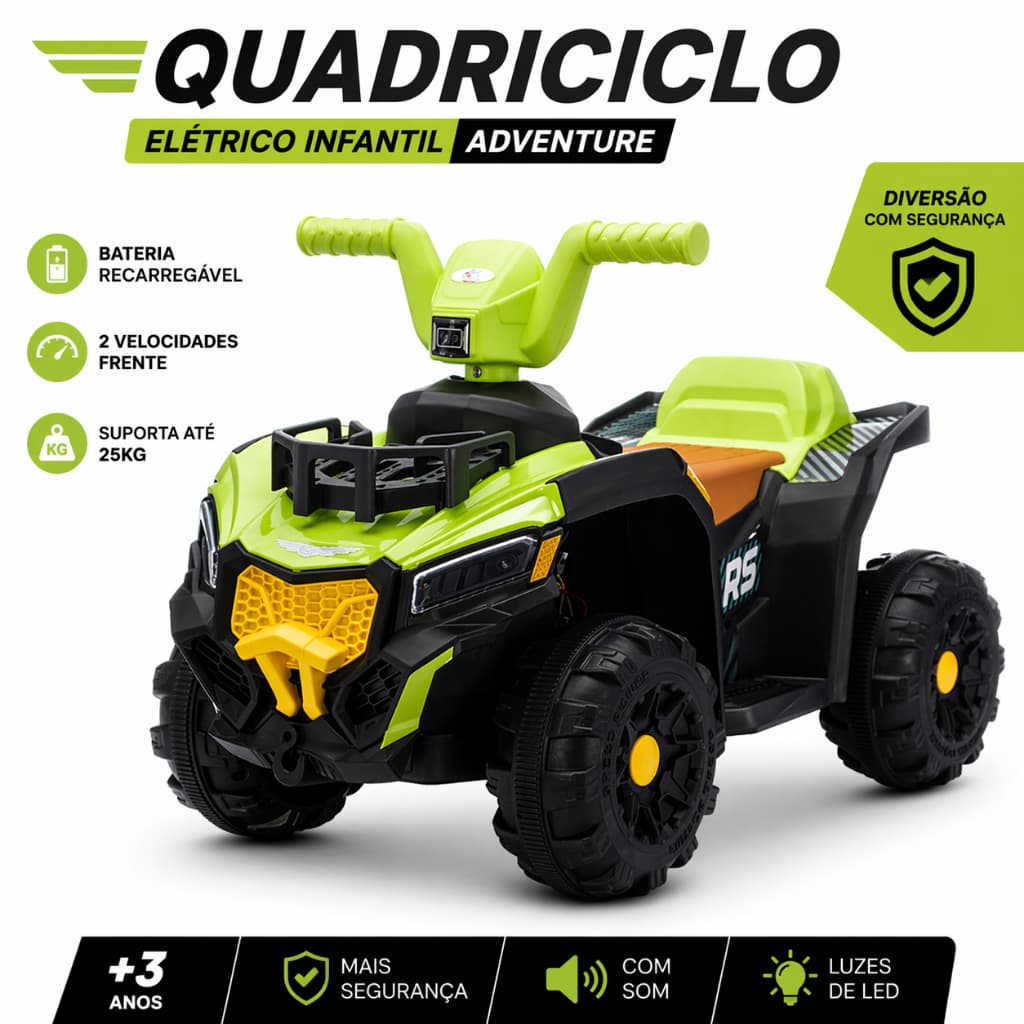 Carrinho Quadriciclo Infantil Elétrico Aventura Verde Veículo Passeio Diversão